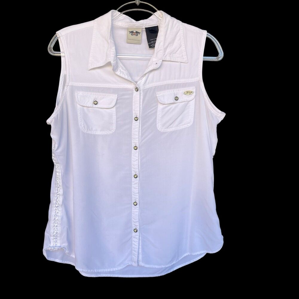 Harley Davidson Sleeveless Button Up Top Womens Extra Large XL Rayon Biker Logo